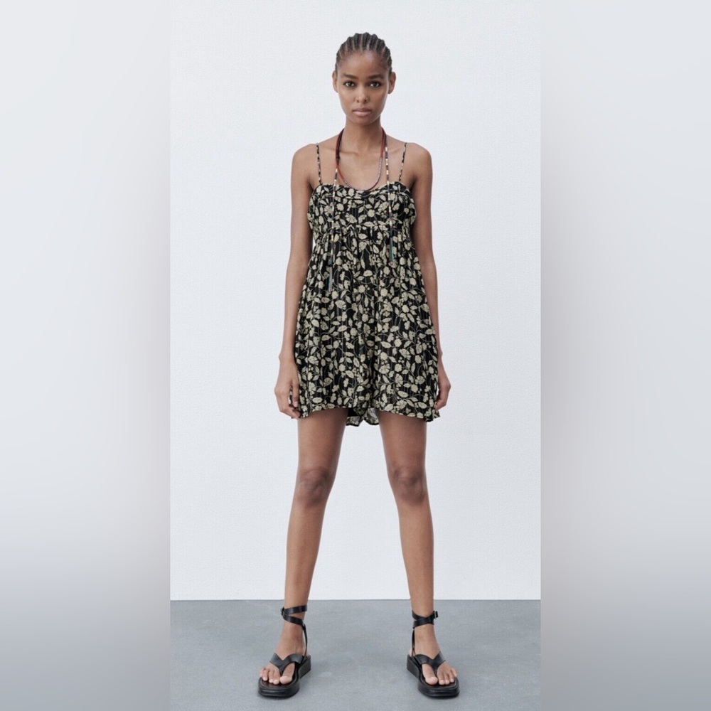 ZARA Black Printed Metallic Gold Romper Jumpsuit size large